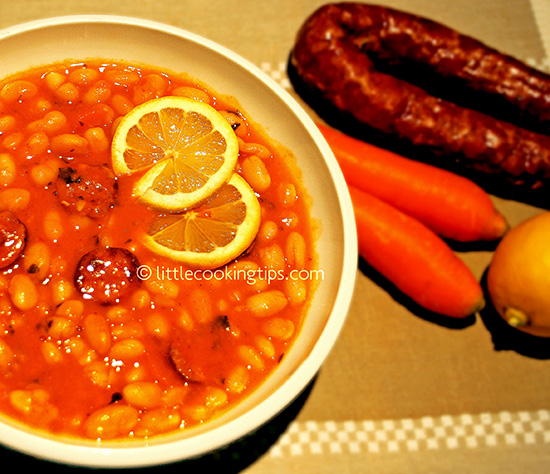 Delicious bean soup (fasolada) with spicy sausage Delicious bean soup (fasolada) with spicy sausage